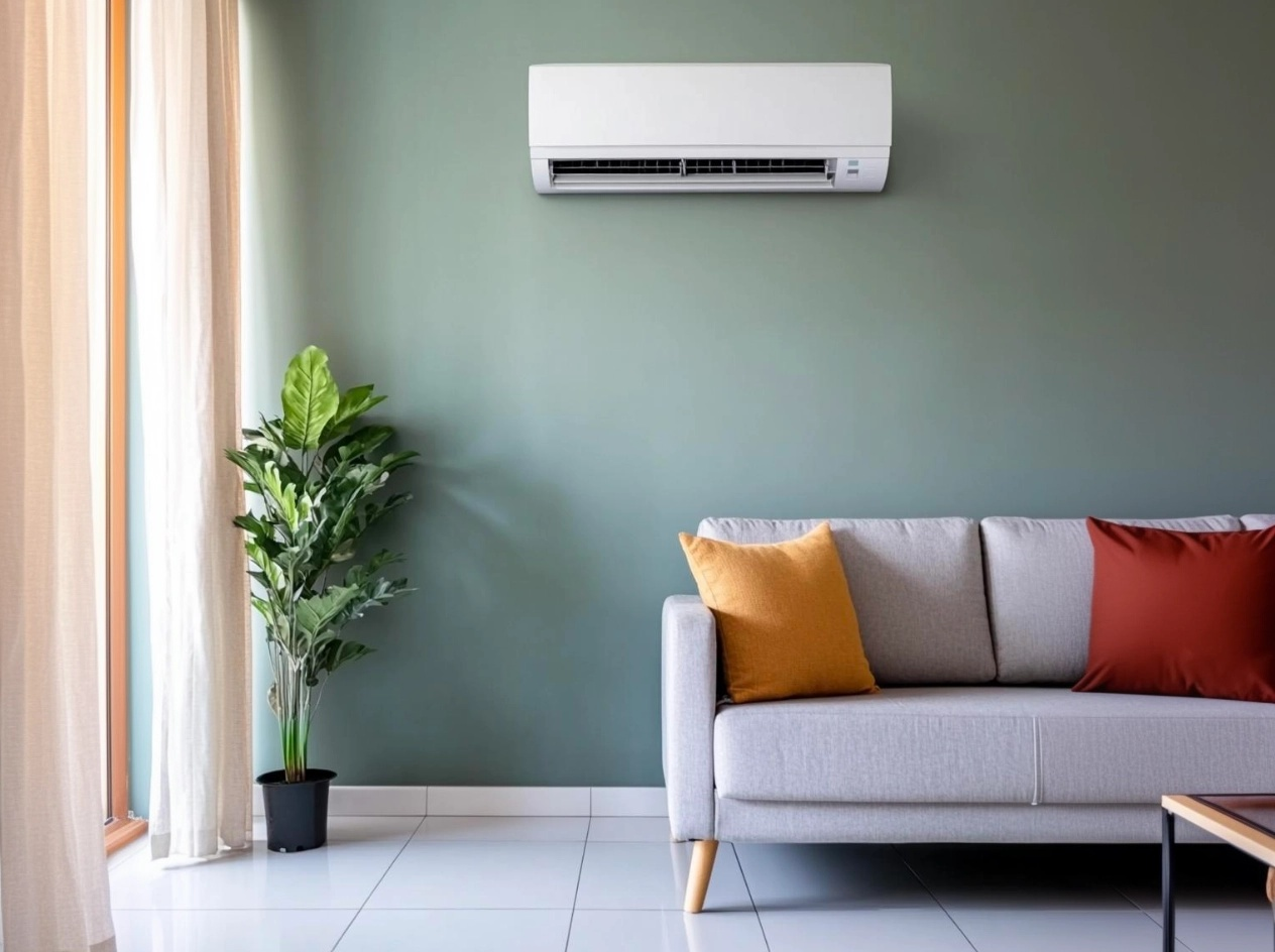 Modern living room with green wall, light gray sofa, colorful cushions, potted plant and wall-mounted air conditioner