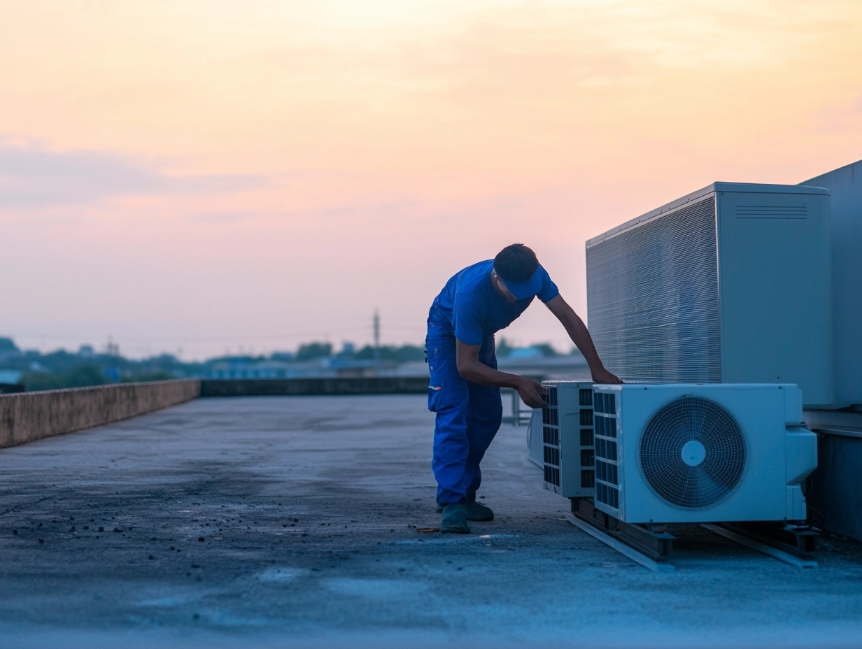 Technician installing an outdoor air conditioning unit on a flat roof with a city view.