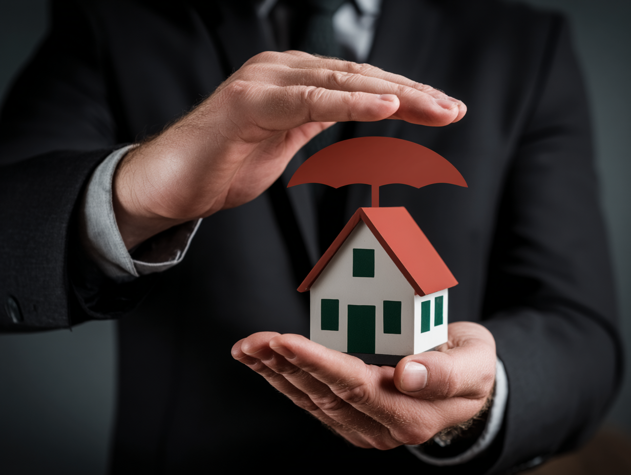 Symbolic representation of home insurance with a house protected under a red umbrella in the hands of a man in a suit