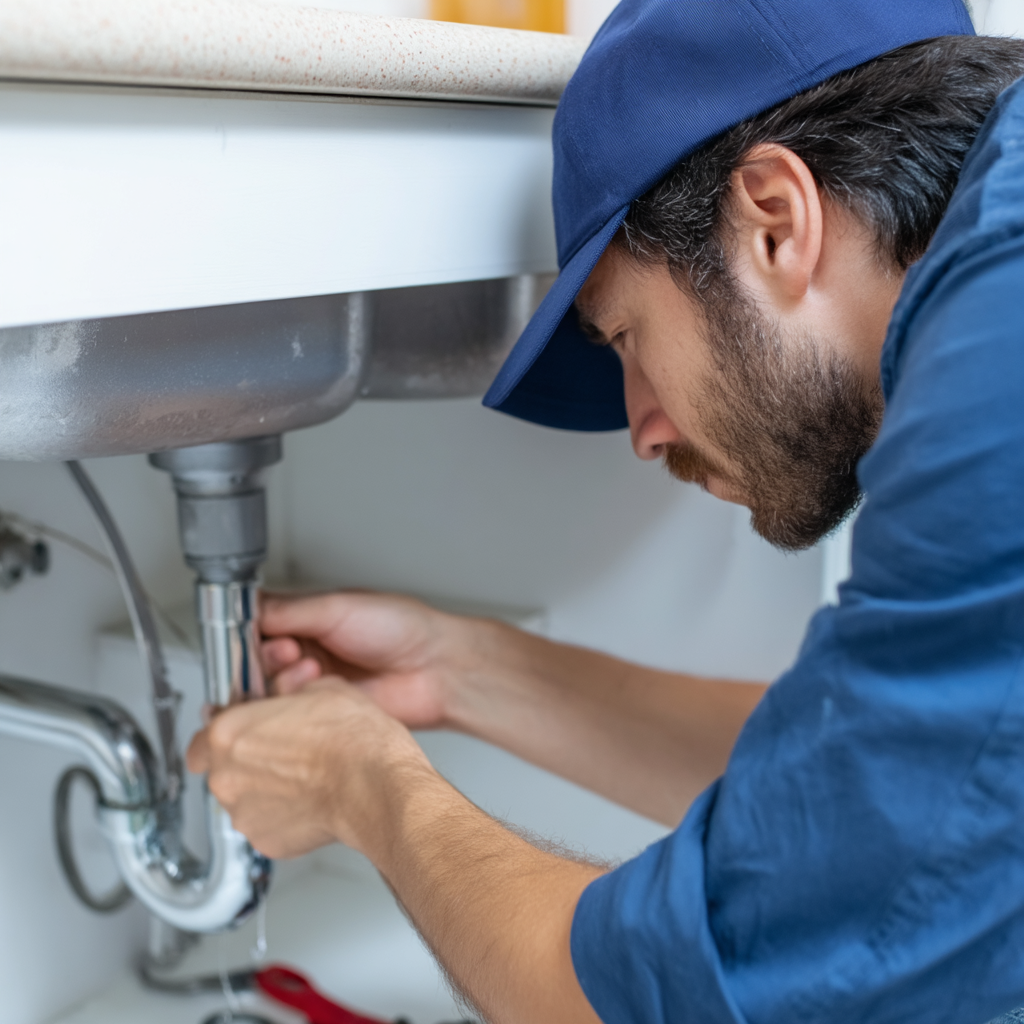 Plumber in blue cap repairing the pipes of a kitchen sink