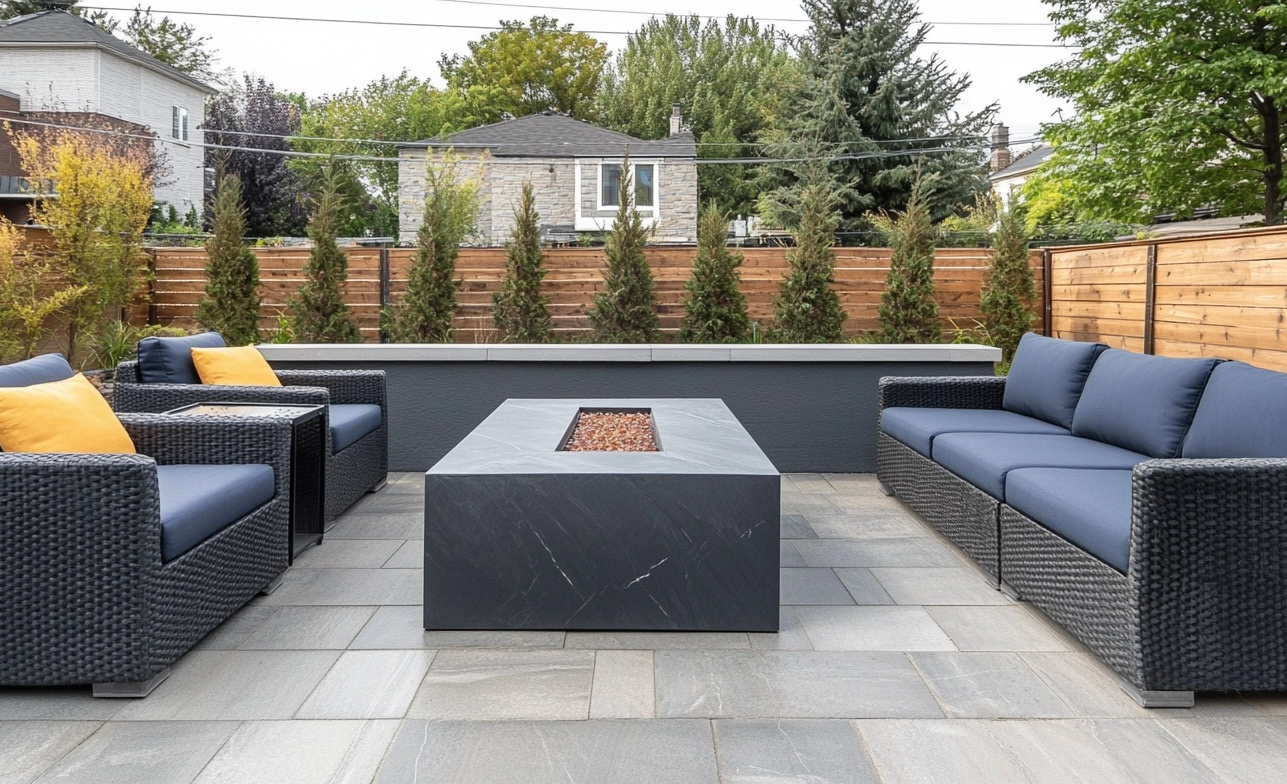 Mobilier de jardin moderne en rotin tressé avec foyer au gaz et coussins bleu marine sur une terrasse pavée, entourée de haies et clôtures en bois