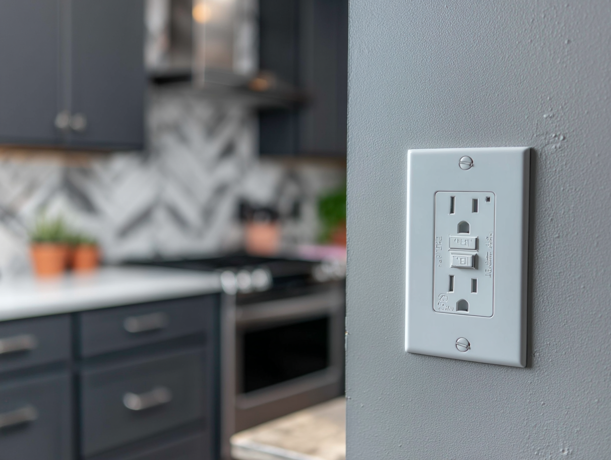 White GFCI wall outlet on grey wall in a modern kitchen with black and white chevron patterned backsplash.