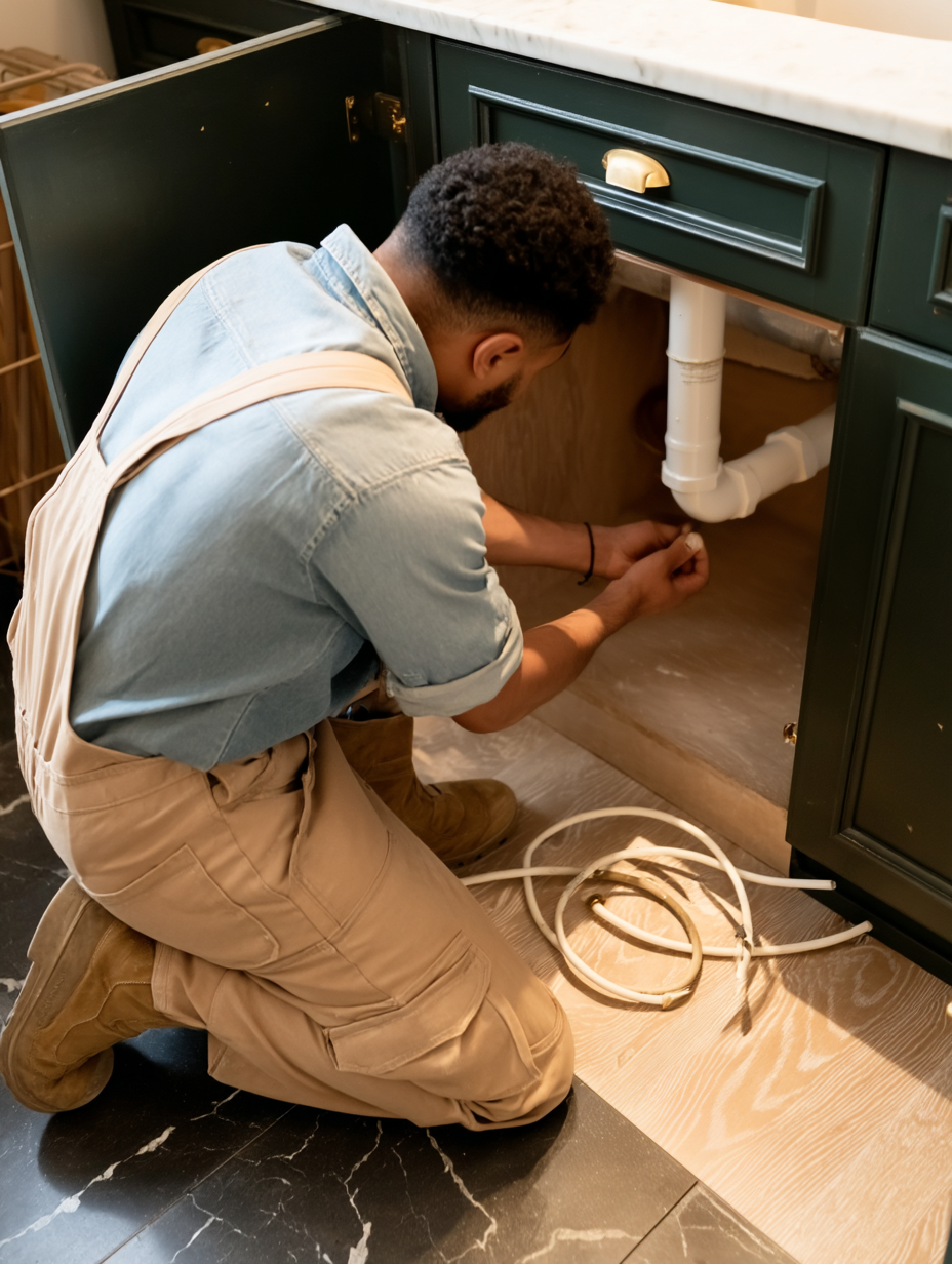 Plombier installant la tuyauterie sous un lavabo avec armoires vert foncé, comptoir clair et raccords de plomberie visibles