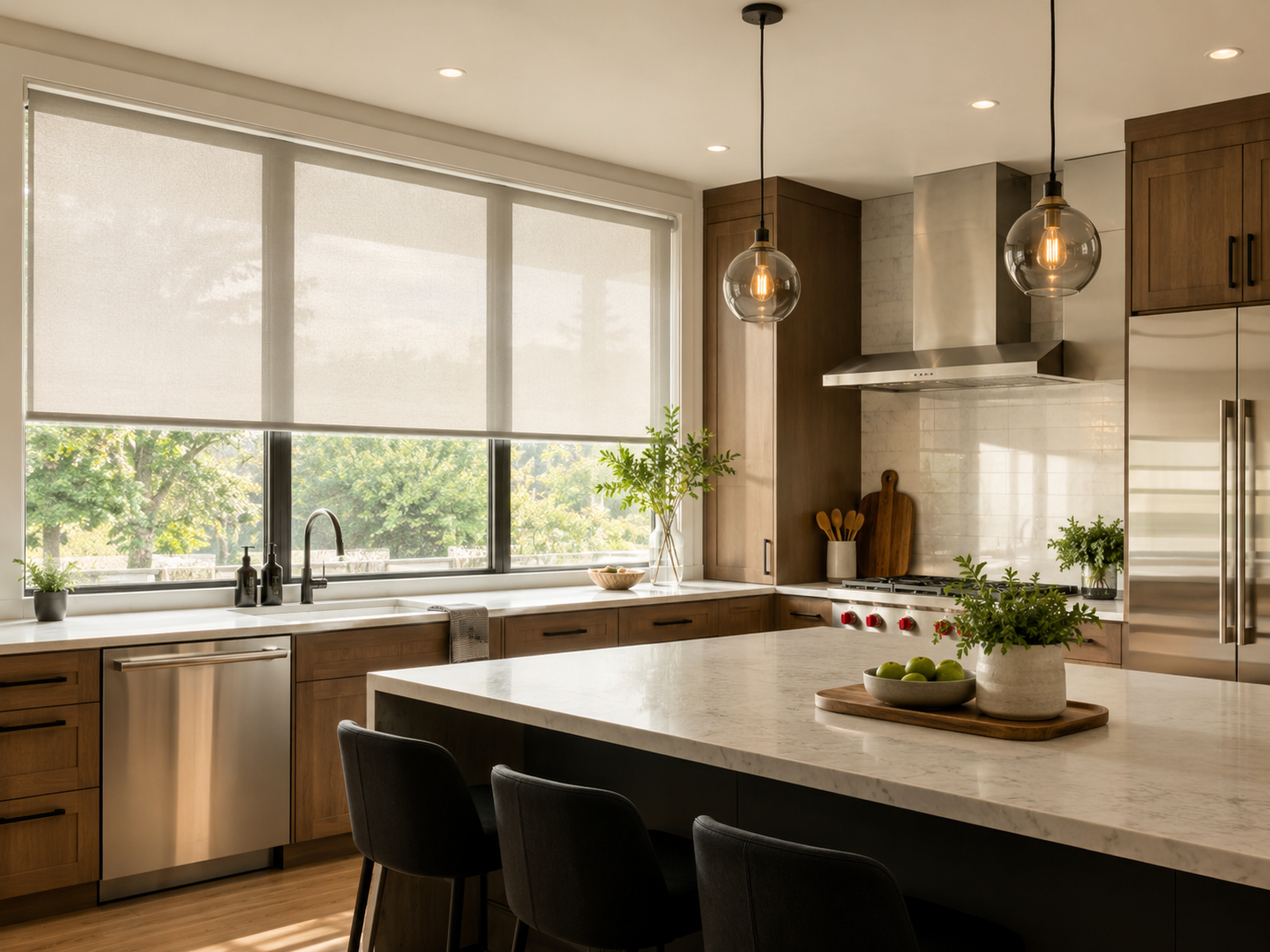 Cuisine contemporaine chaleureuse avec armoires en bois, grand îlot en quartz, électroménagers en acier inoxydable, luminaires suspendus et stores motorisés translucides