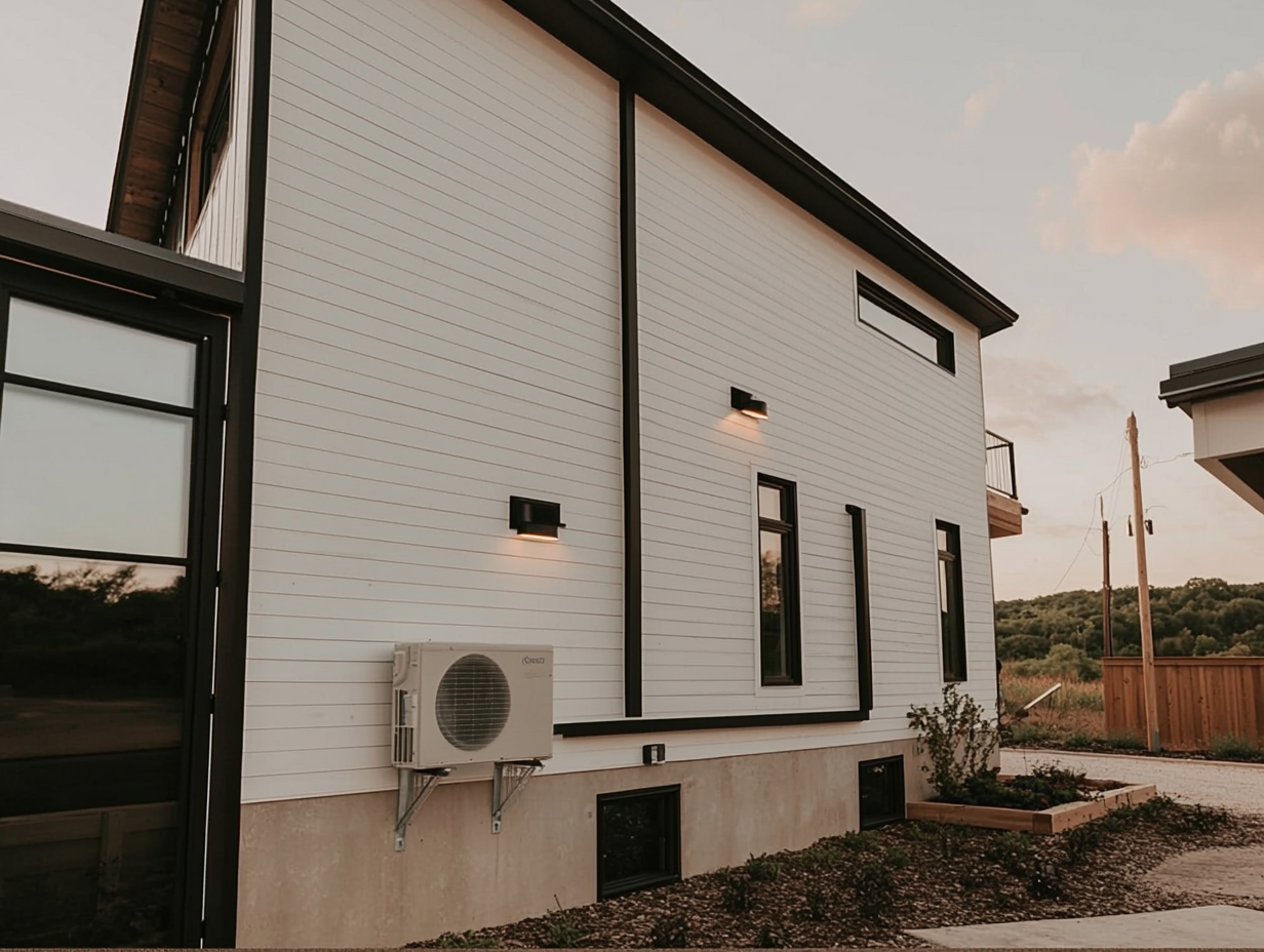 Beige exterior siding and wall-mounted air conditioner installed on a concrete foundation wall