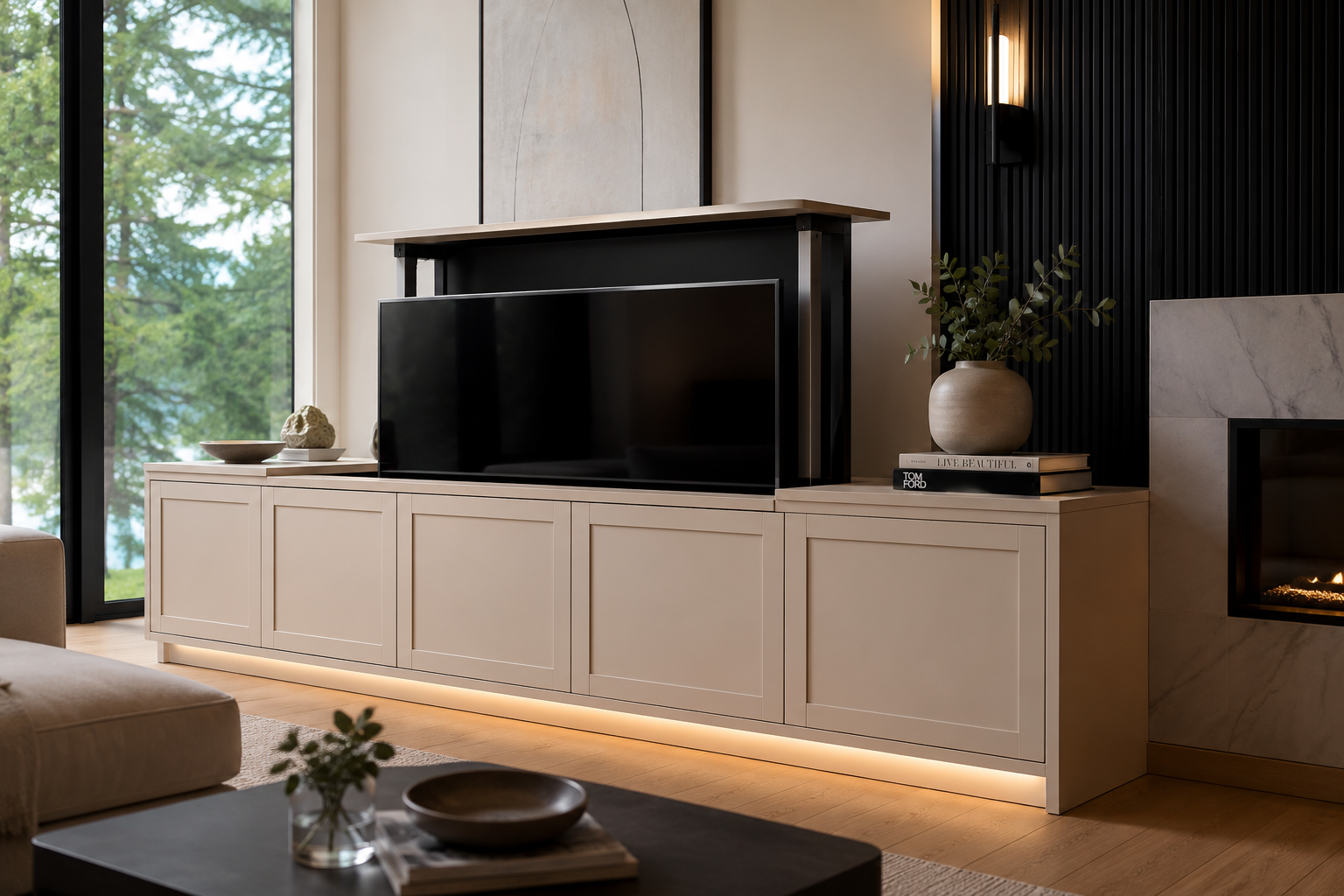 Salon contemporain avec meuble TV sur mesure beige, téléviseur escamotable, éclairage DEL intégré, foyer moderne et grandes fenêtres donnant sur la nature