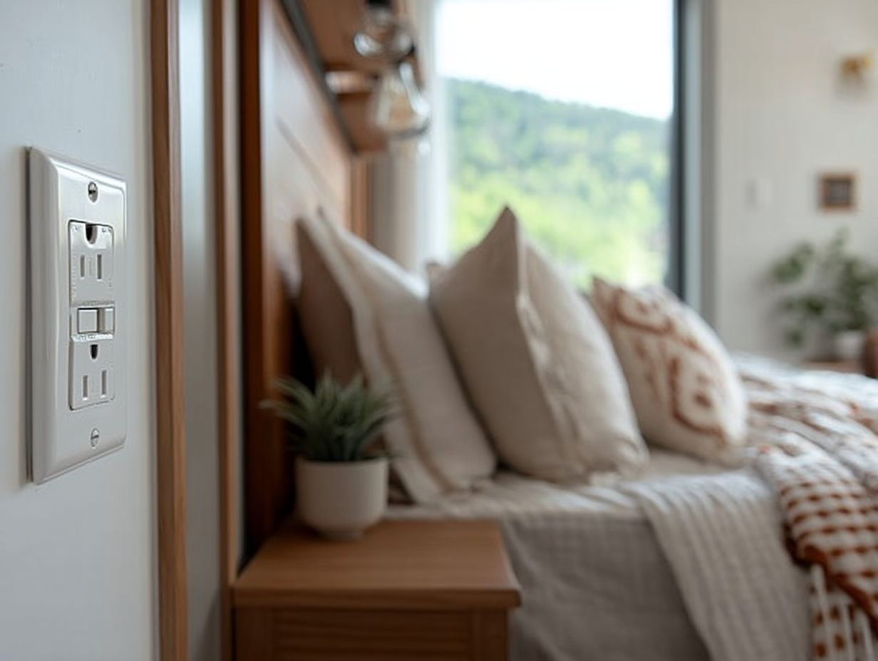 Prise GFCI murale installée près d’un lit dans une chambre lumineuse et décorée avec des tons naturels