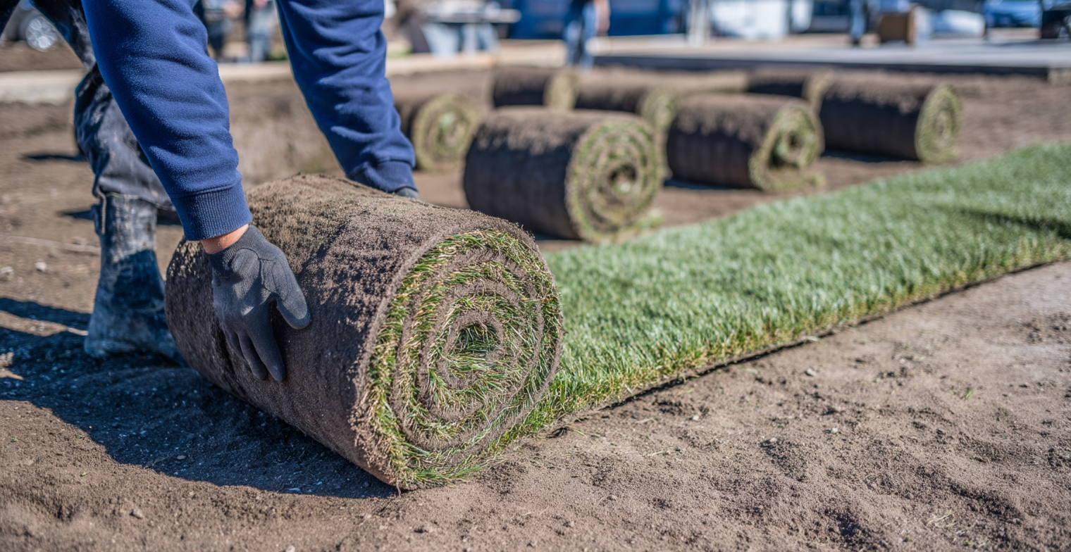 Travaux d'installation de tourbe en rouleaux sur un sol nivelé par un ouvrier en gants