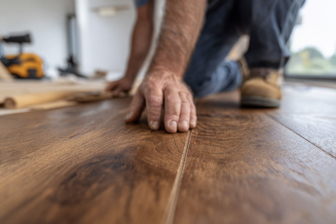 Installation de plancher en bois avec ajustement précis des lames par un installateur lors de travaux de rénovation intérieure.