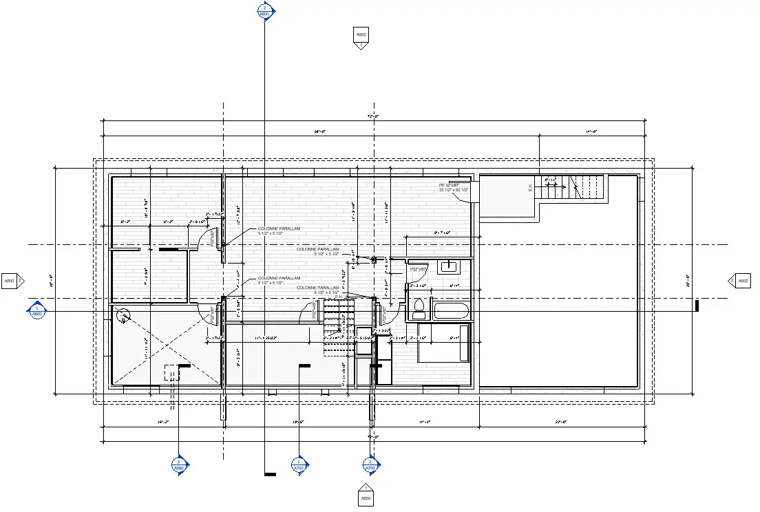 Detailed architectural floor plan of a house level with interior divisions, measurements and technical annotations