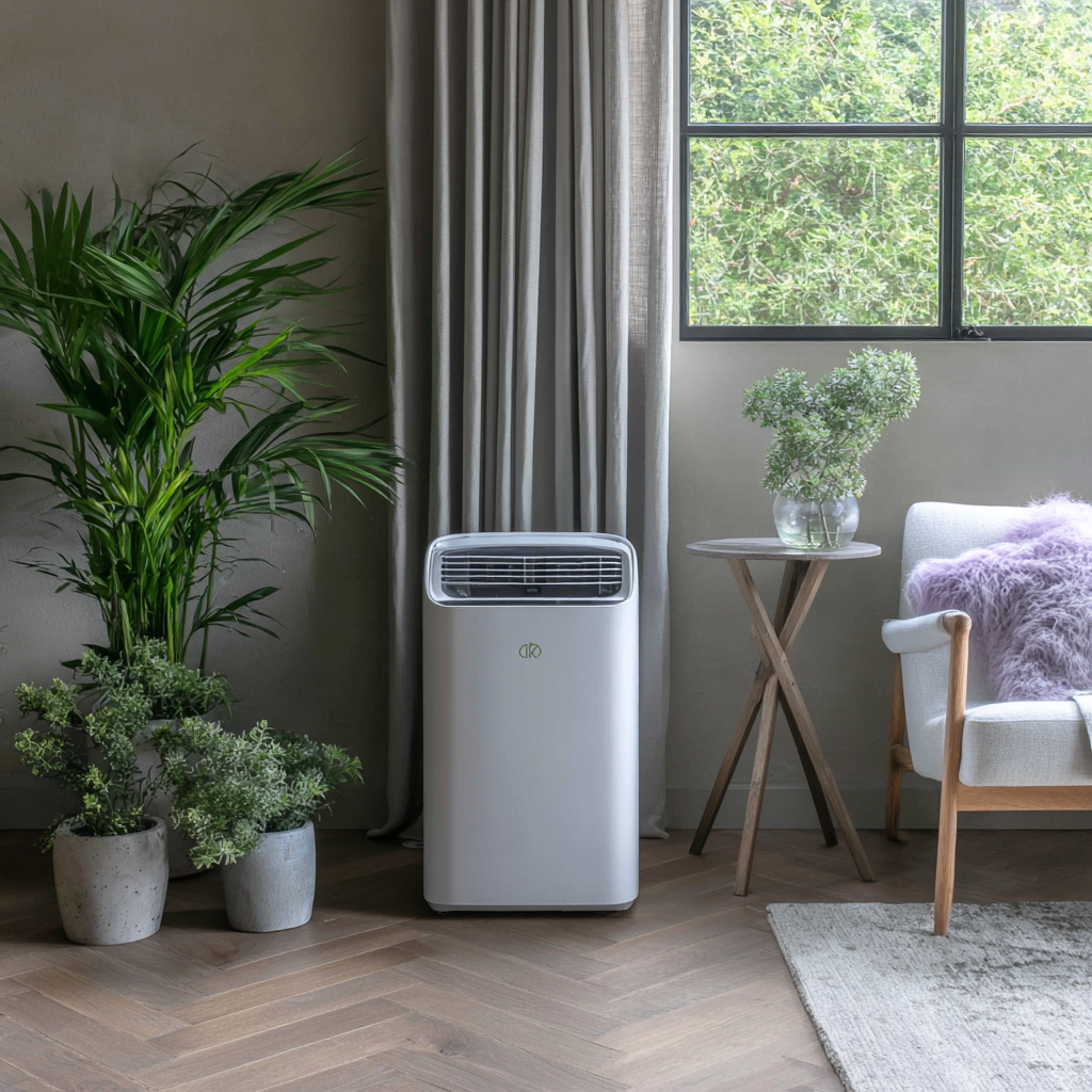 Climatiseur portatif moderne dans un salon lumineux avec plantes près d’une fenêtre
