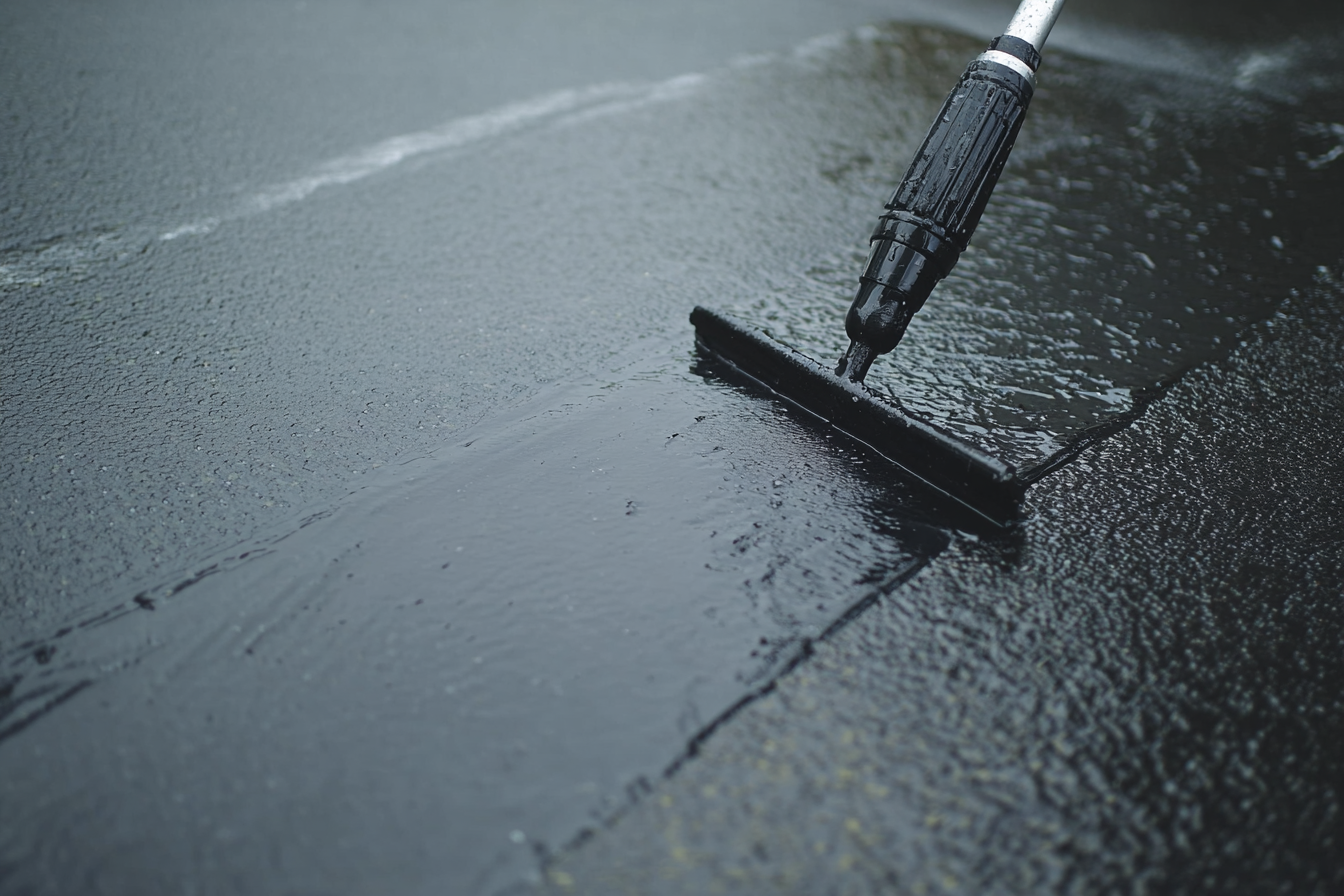 &nbsp;Application de revêtement imperméabilisant noir sur surface de toit avec rouleau