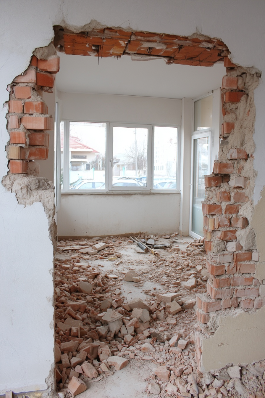 Ouverture dans un mur en briques lors de travaux de démolition intérieure avec débris au sol dans une maison en rénovation