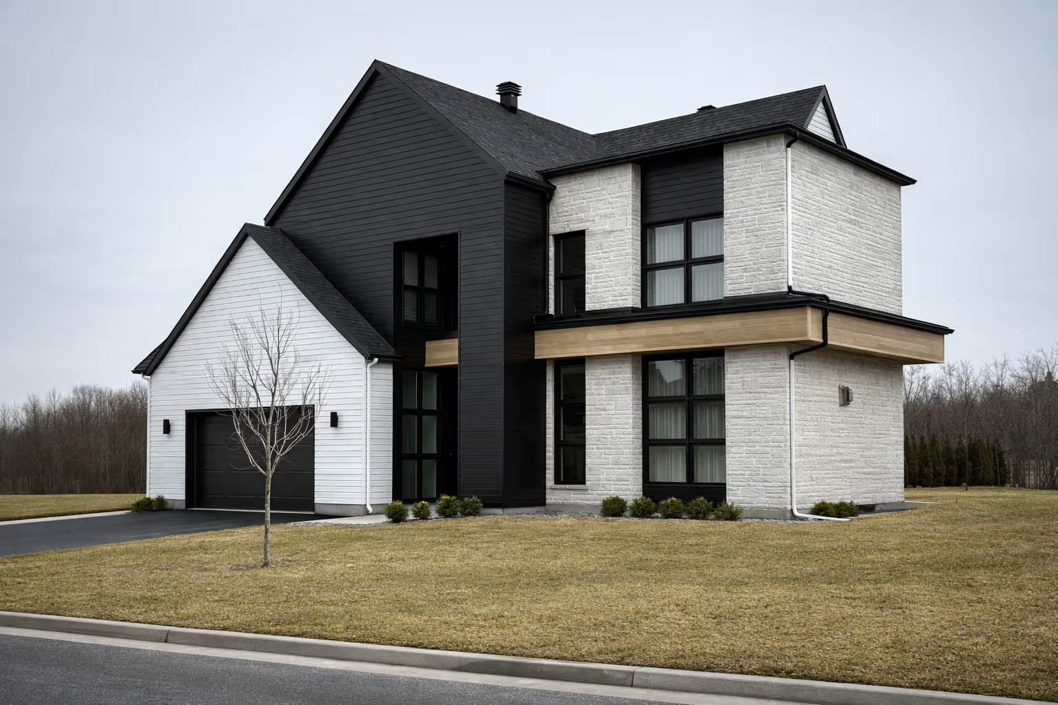 Maison contemporaine à deux étages avec revêtement noir et blanc, façade en brique claire, accents de bois, grandes fenêtres noires et garage intégré