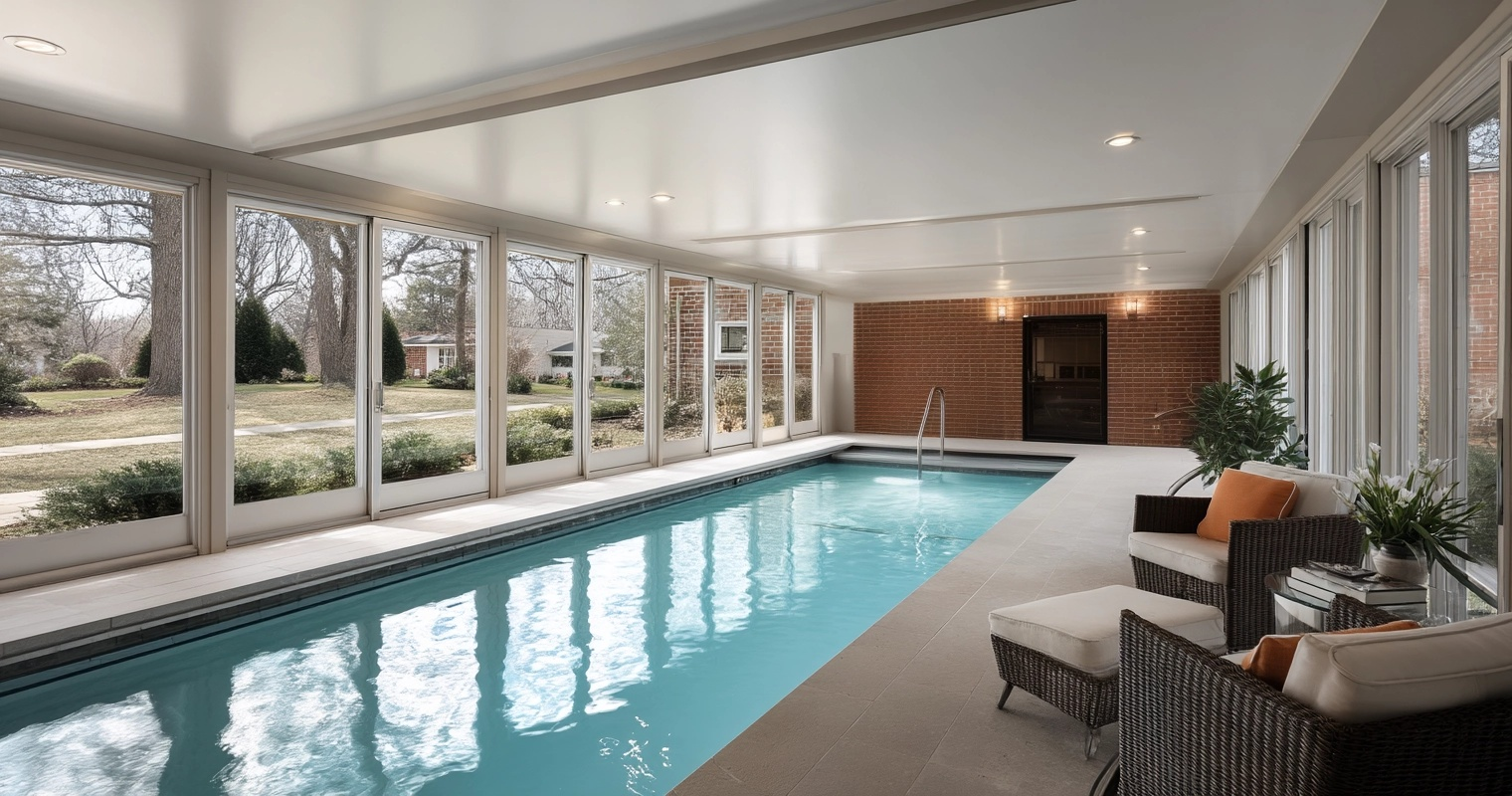 Elegant indoor pool with large bay windows, red brick walls and rattan furniture with orange cushions