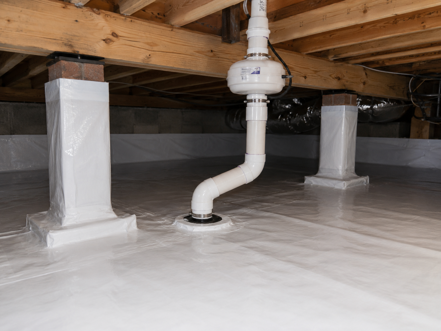 Radon mitigation system installed in a crawl space with white vapor barrier membrane, PVC ventilation pipe, exhaust fan and exposed wooden floor joists.