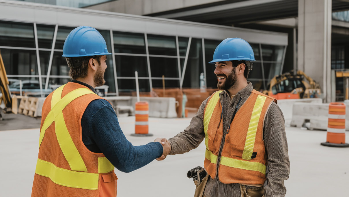 Deux ouvriers du bâtiment portant casque et gilet de sécurité se serrent la main sur un chantier.