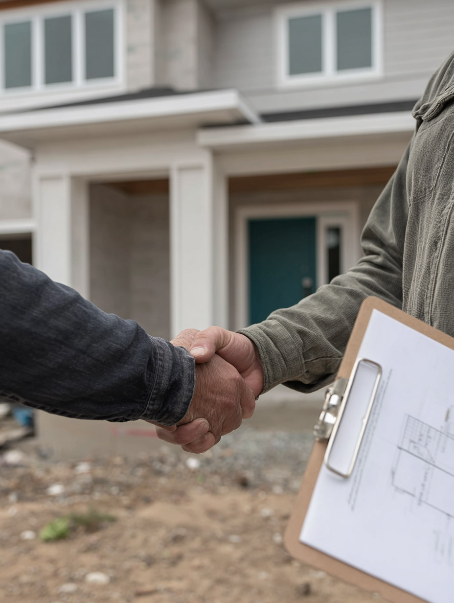 Poignée de main entre professionnels devant une maison en construction avec porte verte, plans sur presse-papiers et chantier résidentiel.