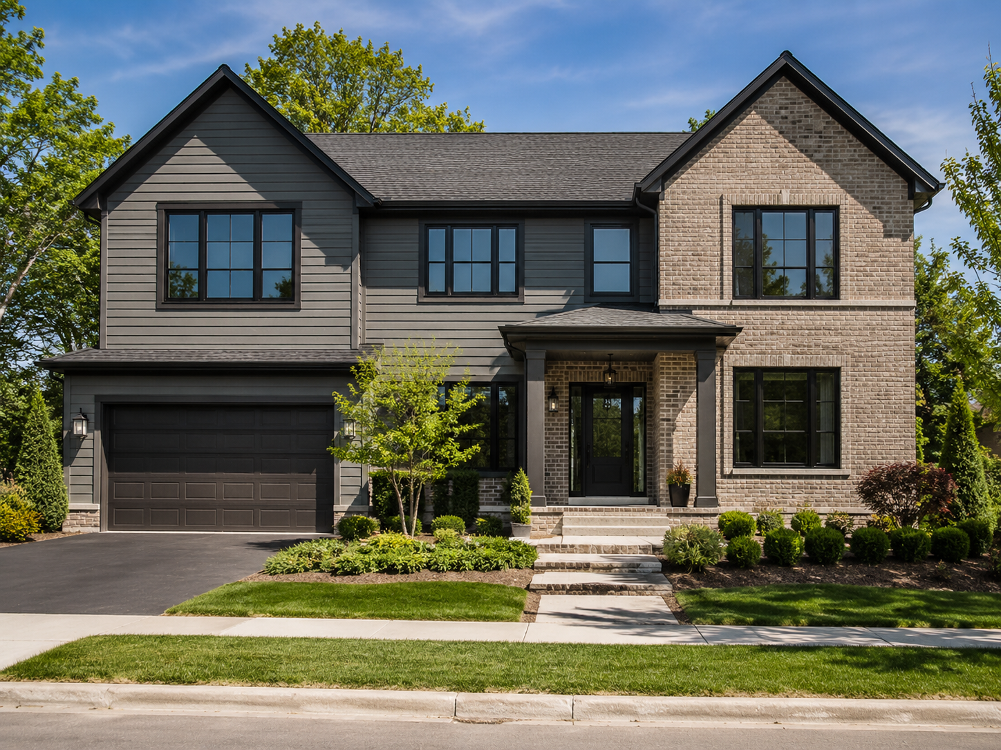 Contemporary two-storey house with grey siding, a light brick façade, black-framed windows, an integrated garage, and manicured landscaping
