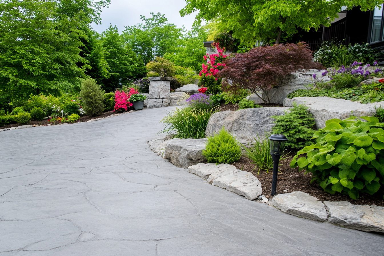 Allée en béton estampé bordée d’aménagements paysagers fleuris avec grosses pierres décoratives et arbustes variés.