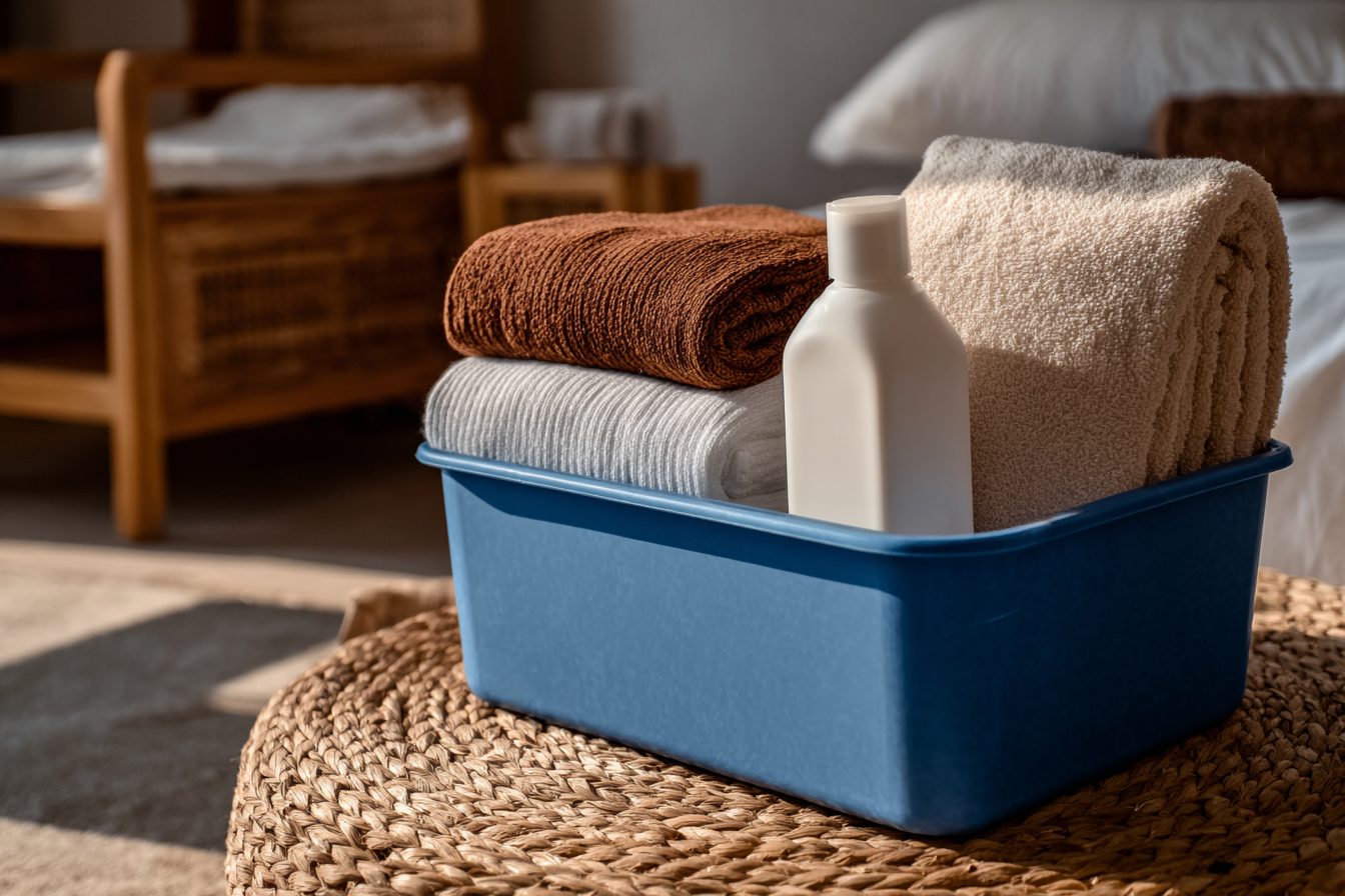 Blue bin with folded towels and a product bottle, placed on a wicker table in a bright bedroom