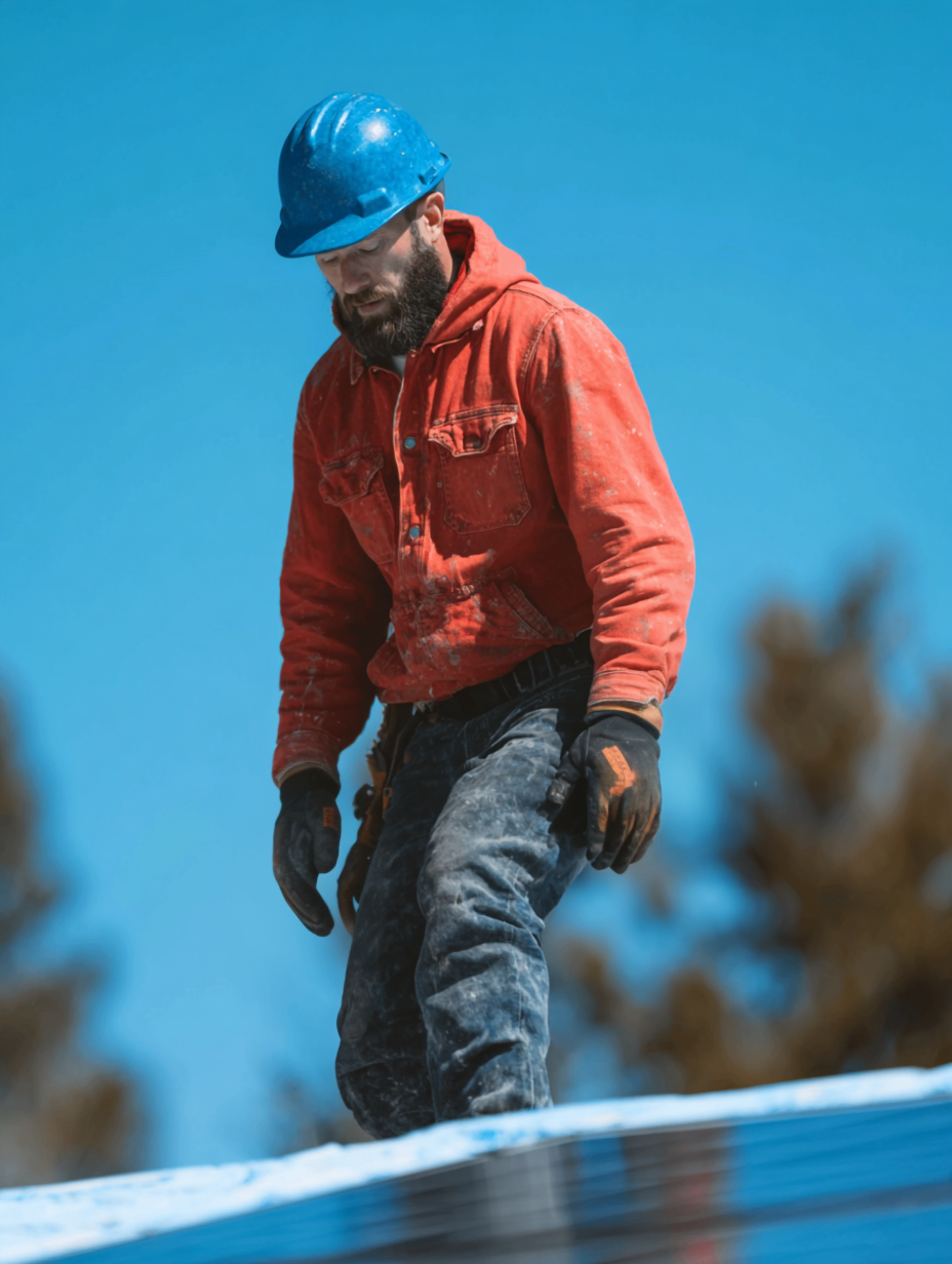 Construction worker wearing blue helmet walking on a roof under a clear sky