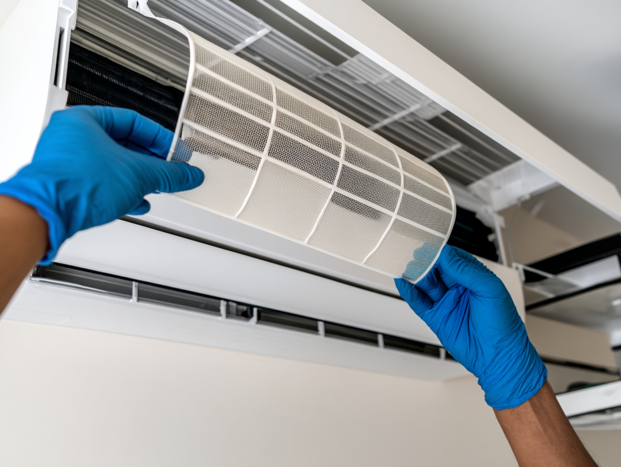 Cleaning the filter of a wall-mounted air conditioner by a technician with blue gloves