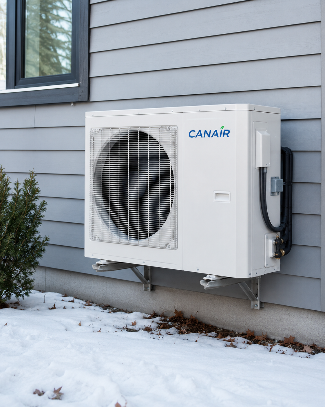 Thermopompe extérieure Canair installée sur supports muraux devant un revêtement gris, avec grille de ventilateur, conduits noirs et neige au sol.