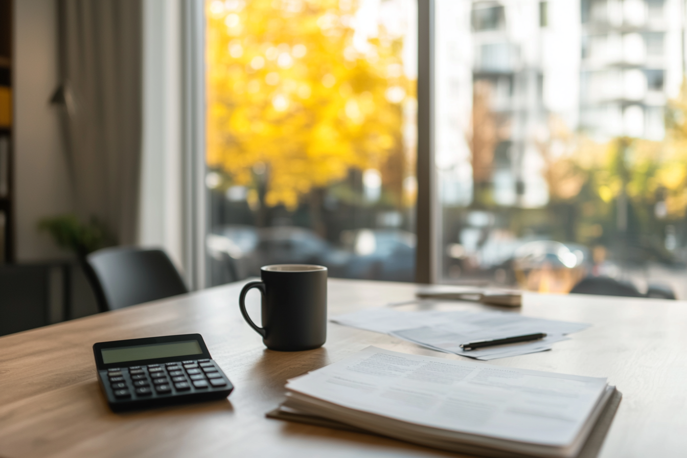 Table de bureau avec calculatrice, documents et tasse à café, devant une grande fenêtre donnant sur des arbres d’automne et des immeubles résidentiels.