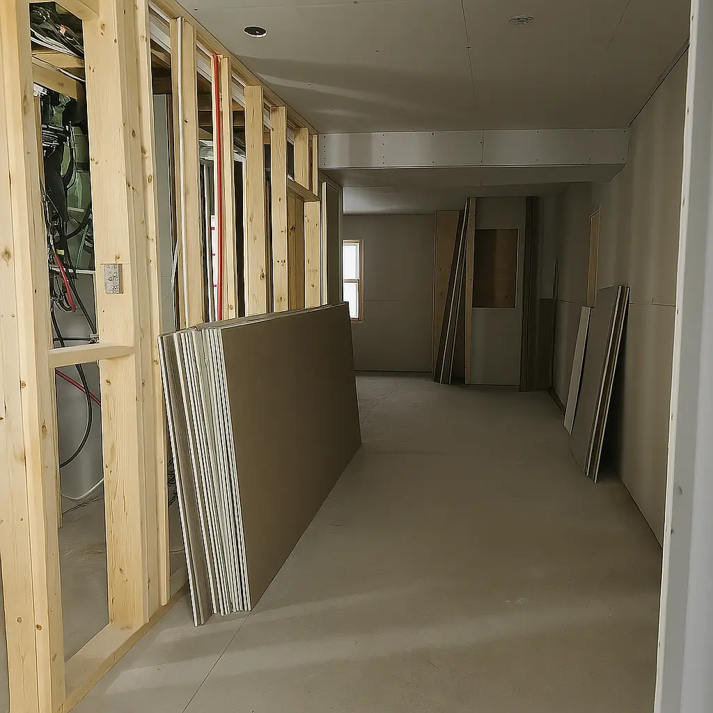 Couloir en rénovation avec ossature en bois apparente et panneaux de gypse prêts à être installés