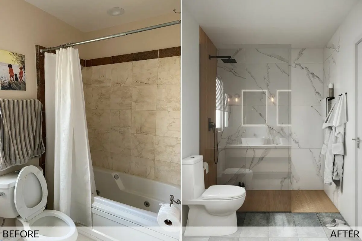 Avant-après d’une salle de bain rénovée, passant d’une baignoire avec rideau de douche à une douche vitrée moderne avec tuiles effet marbre.