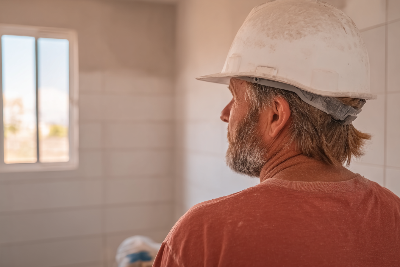 Ouvrier de construction portant un casque de sécurité dans une pièce intérieure en rénovation avec murs carrelés et fenêtre.