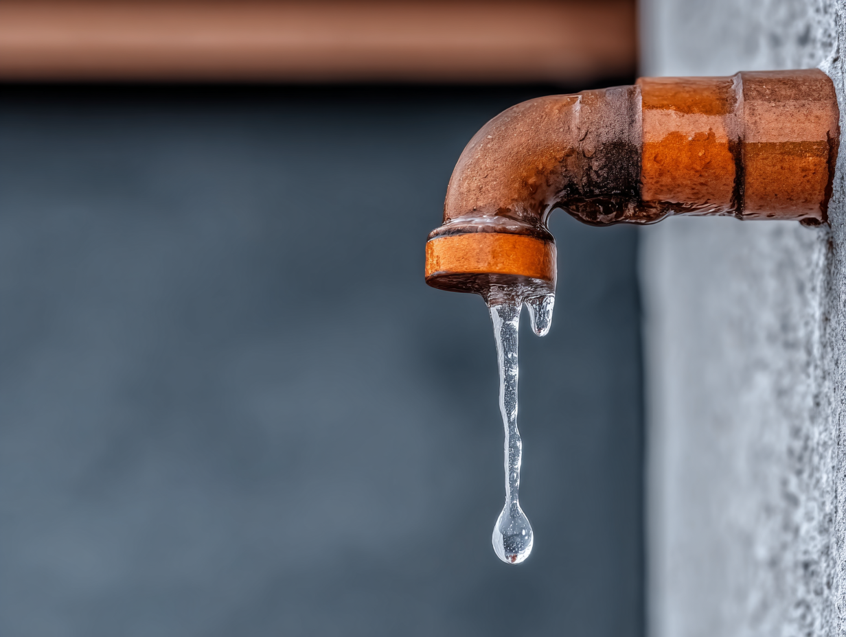 Frozen outdoor copper pipe with dripping water indicating a winter plumbing issue