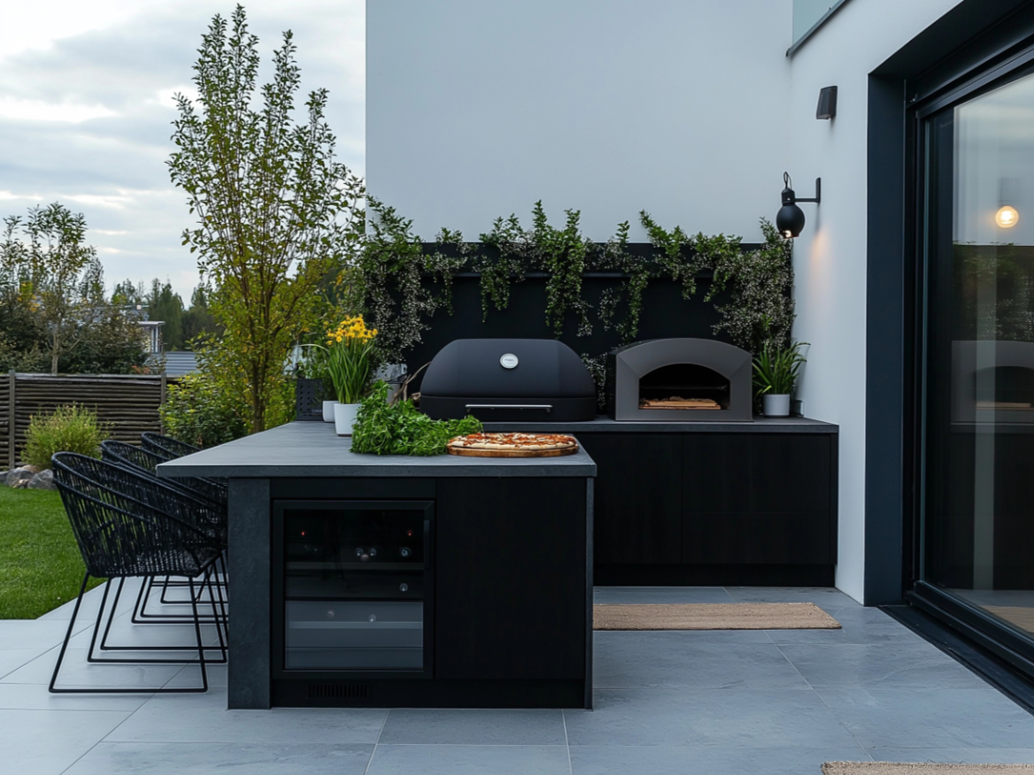 Modern outdoor kitchen with pizza oven, built-in barbecue, black countertop and terrace dining area