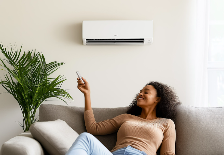 Relaxed woman on a sofa using a remote control to operate a wall-mounted air conditioner