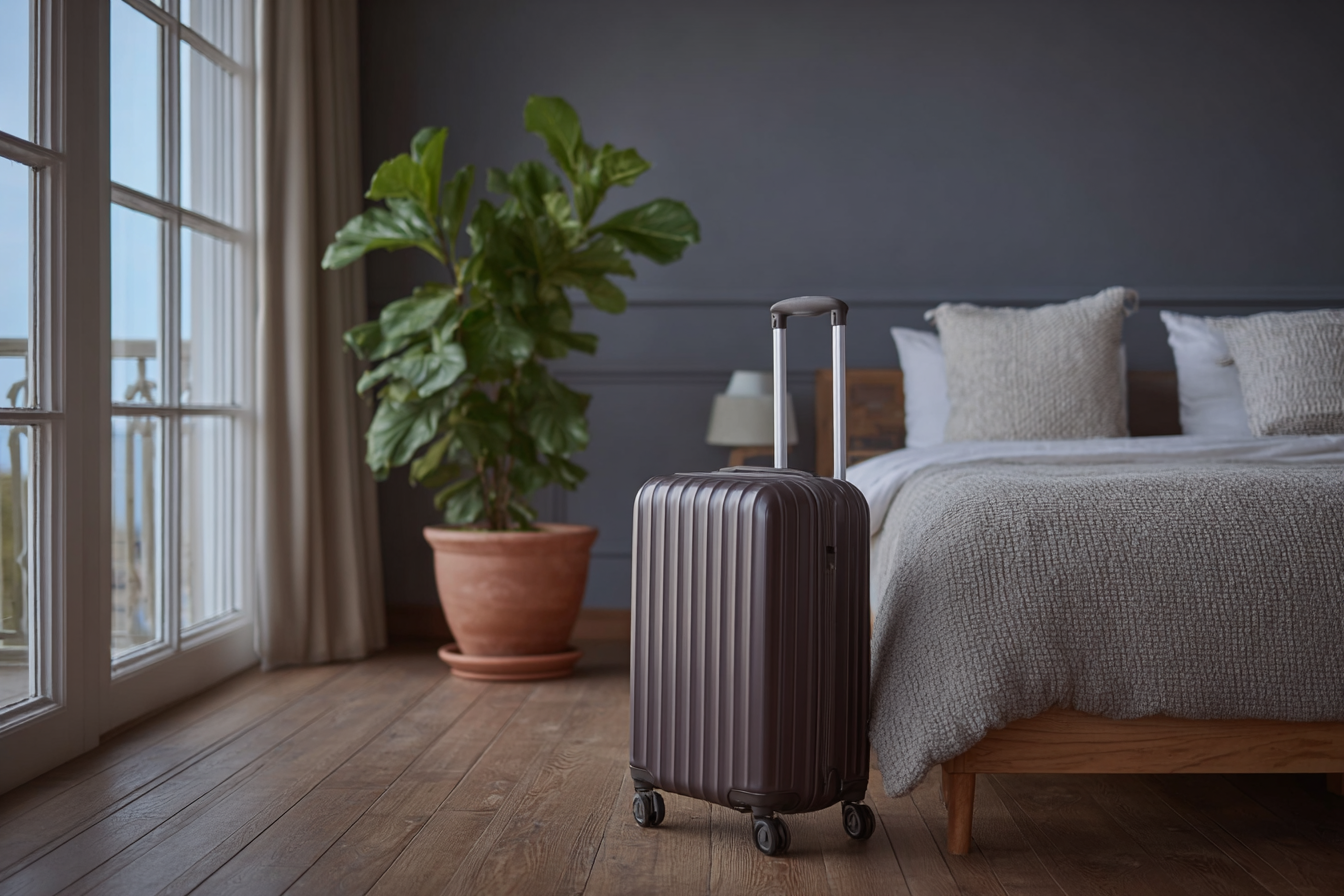 Brown hard-shell suitcase in an elegant bedroom with wooden bed, light bedding, potted plant, wood flooring and bright large window