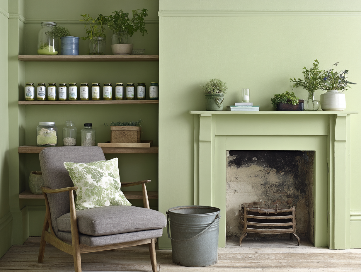 Vintage living room with sage green wall, antique fireplace, wooden armchair, decorated shelves and pots of aromatic herbs