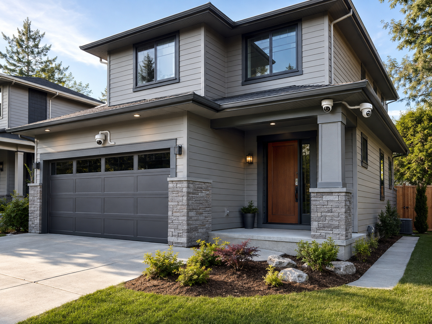 Modern two-story home exterior with a double garage, wood front door, gray siding, stone columns, and outdoor security cameras
