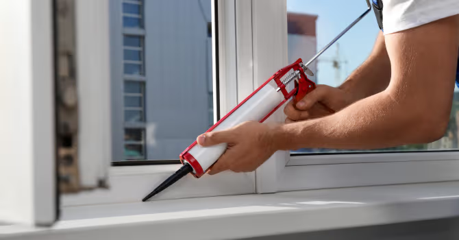 Worker’s hand applying white caulking sealant on an interior window sill to improve sealing and insulation.