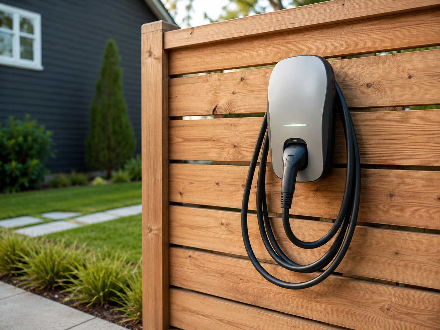 Electric vehicle charging station mounted on a wooden fence with a coiled cable, in front of a modern home and landscaped yard