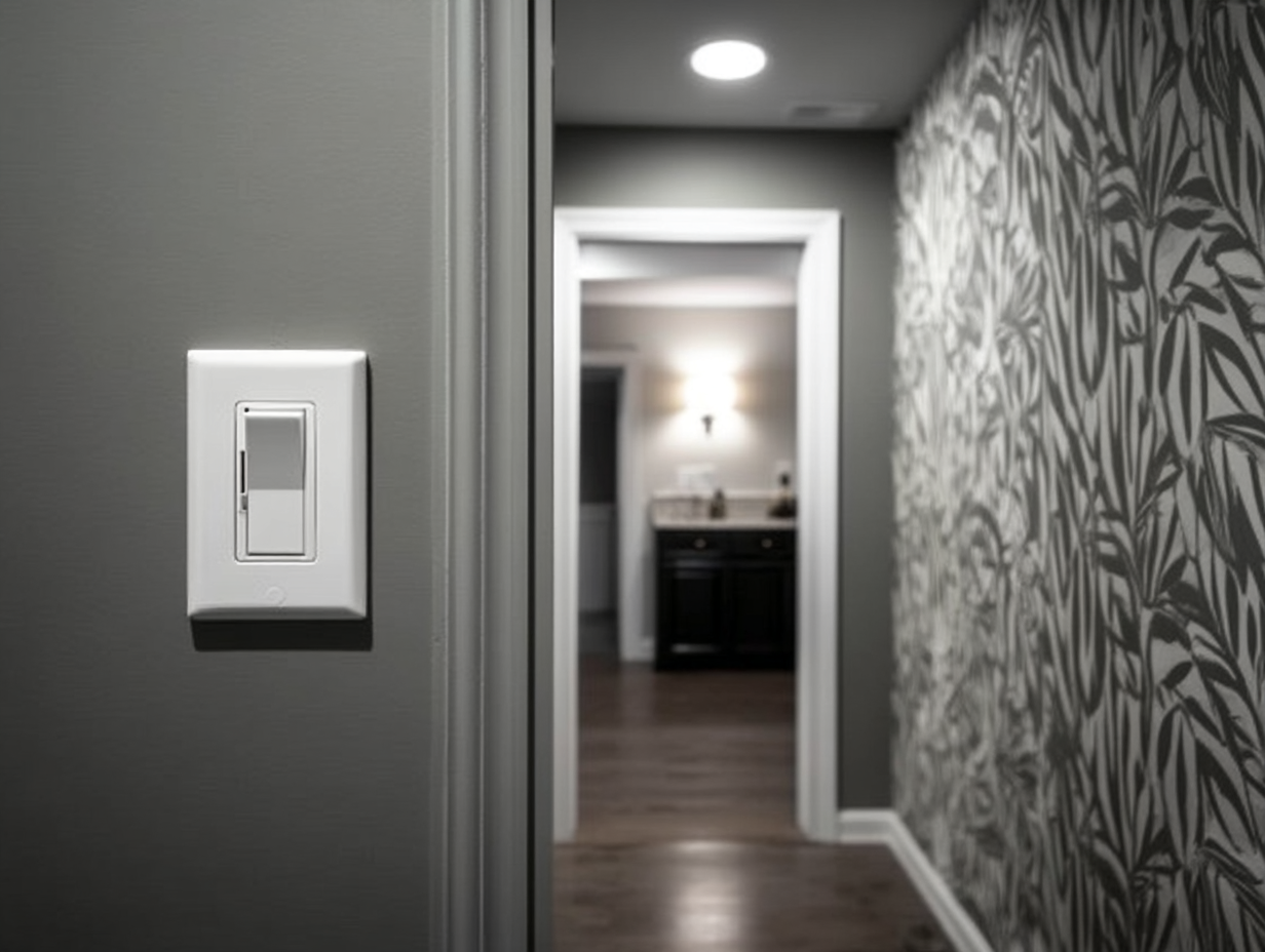 Modern wall light switch installed in a renovated hallway with decorative wallpaper and recessed lighting.