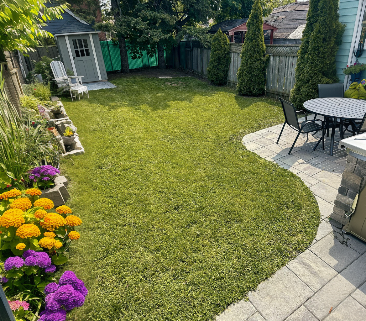  Backyard with well-maintained lawn, stone patio, and black outdoor furniture