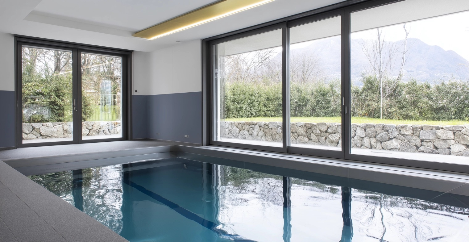 Modern indoor pool with large panoramic windows and mountain views