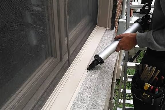 Applying sealant around an exterior window with a caulking gun