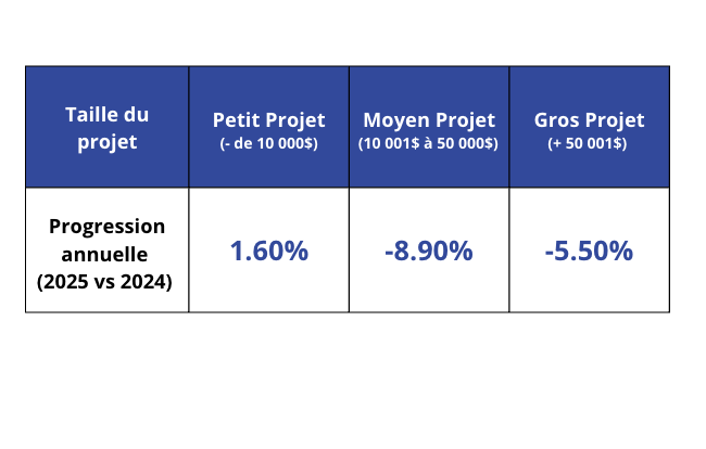 Tableau raportant la progression annuelle des projets par taille du budget (Petit, Moyen, Gros) reçu par sondage en novembre 2025