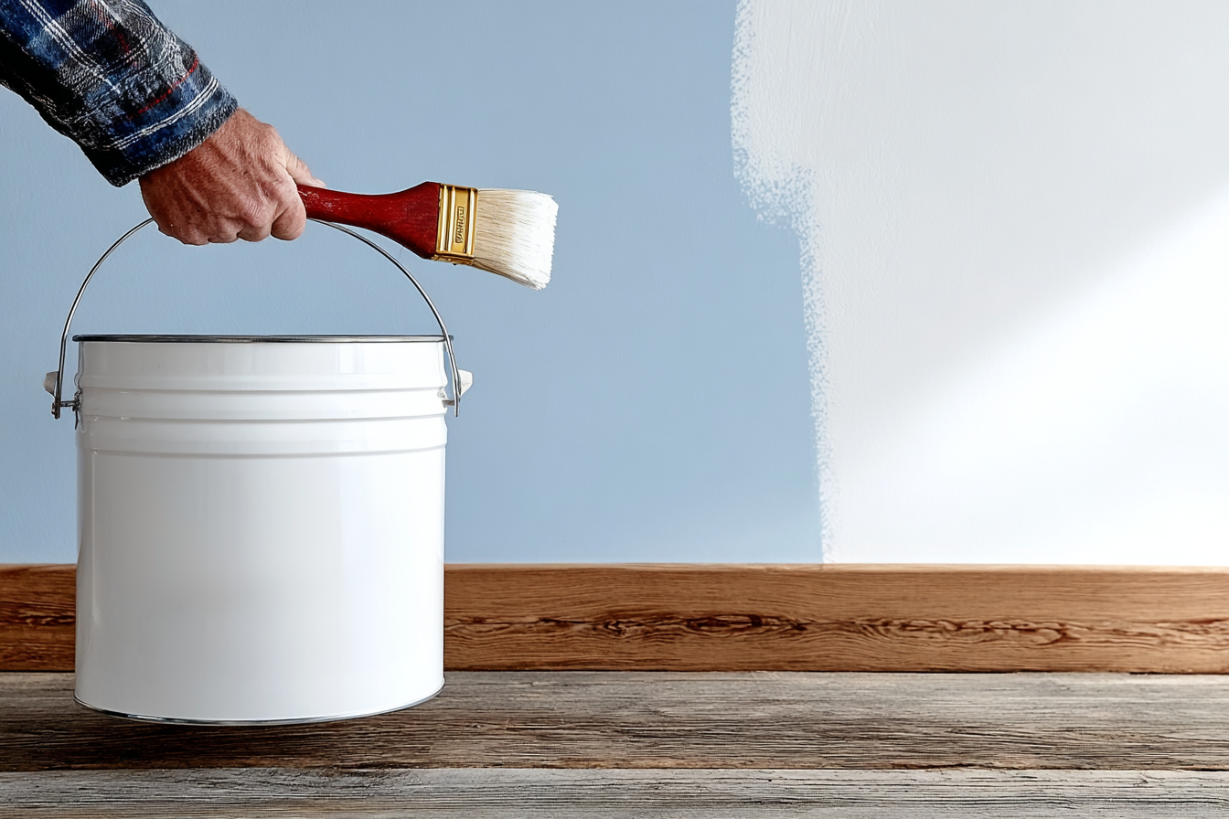 Seau de peinture blanc avec pinceau tenu par une main devant un mur en cours de peinture blanche sur fond bleu
