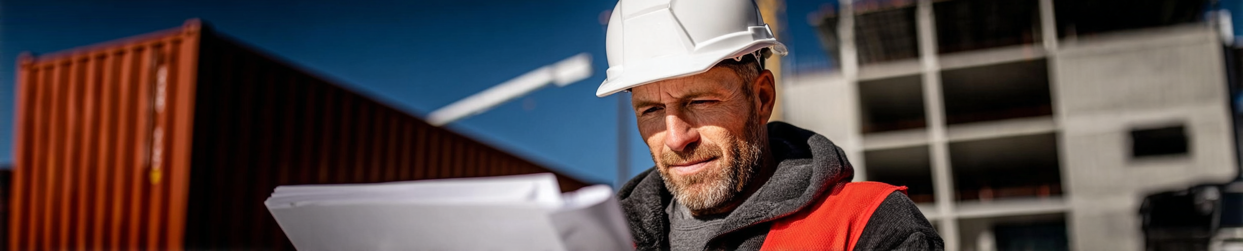 Construction worker wearing a safety helmet reviewing blueprints in front of a building under construction