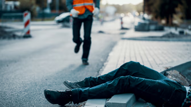 A person is lying on the ground near a roadwork site while a worker wearing an orange safety vest runs toward them, suggesting a workplace accident requiring an urgent response.