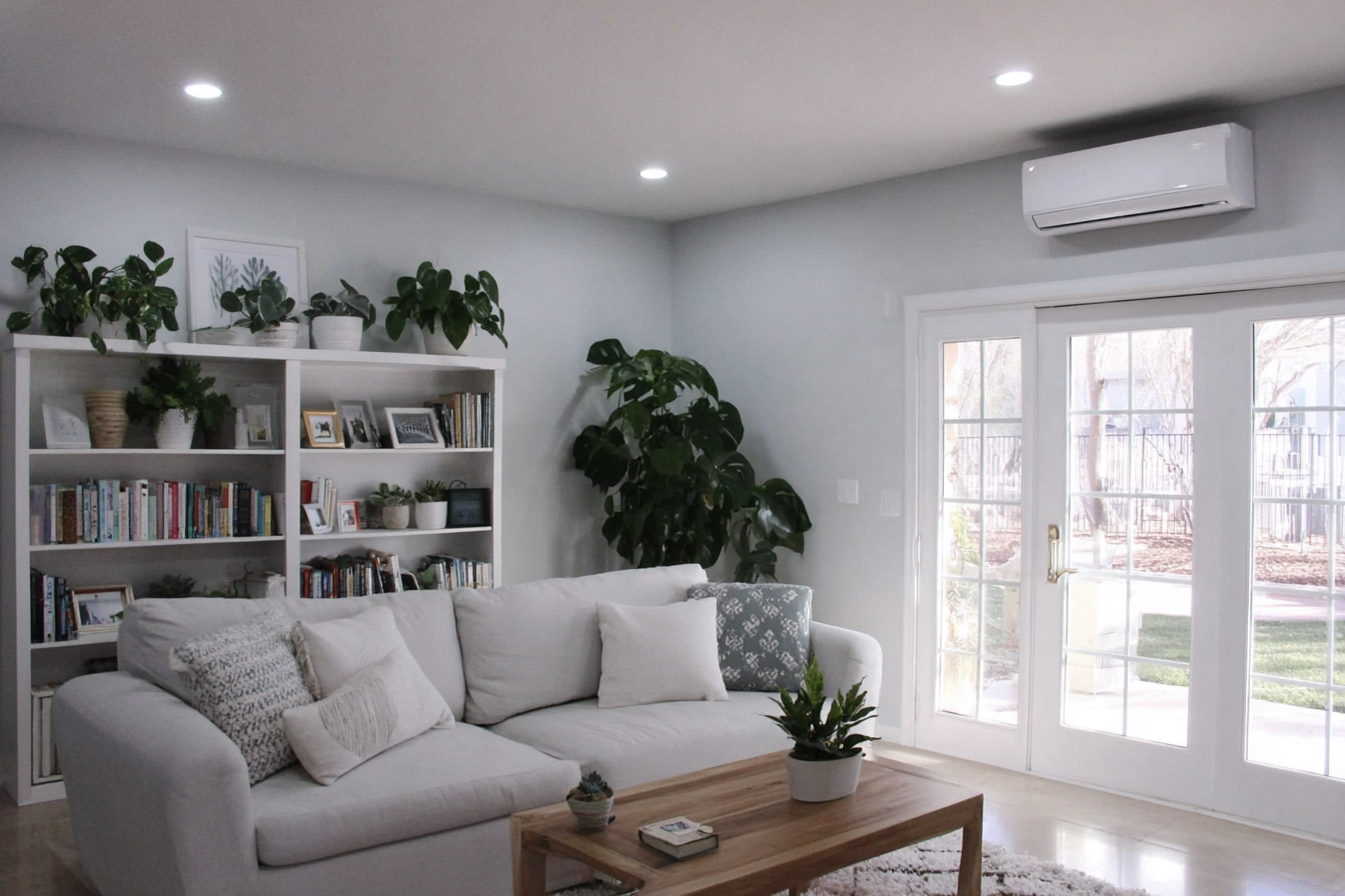Bright modern living room with grey sofa, white bookshelf, indoor plants, wooden coffee table and French doors with wall-mounted air conditioner.