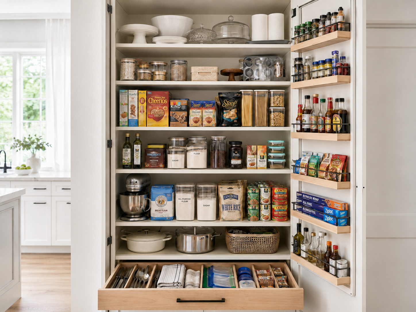 Organized white pantry cabinet with adjustable shelves, door storage, and a pull-out drawer.